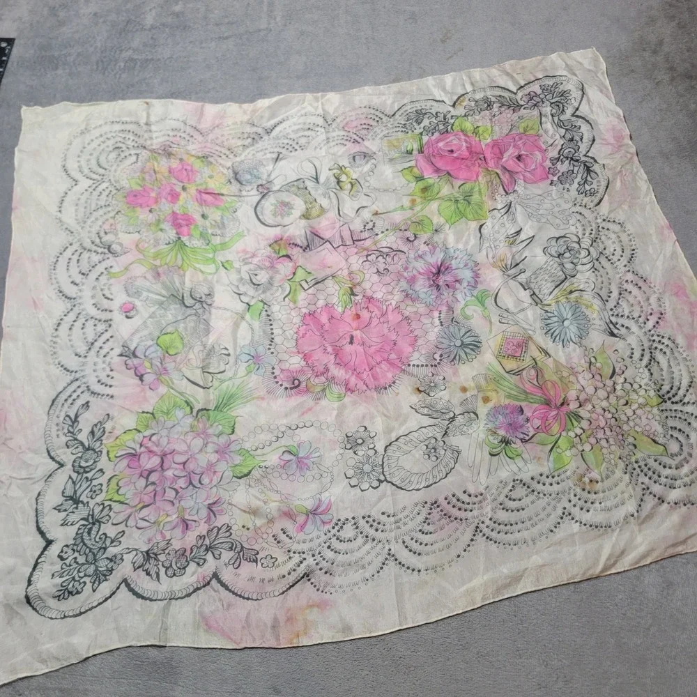 Unbranded Women Square Scarf L Pink Purple Floral Lace Sheer‎ Vintage Romantic